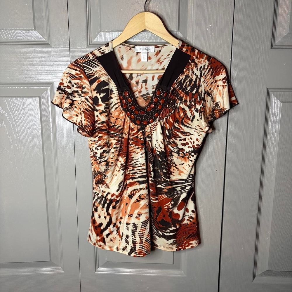 Dressbarn Womens Petite Small Animal Print Beaded V-Neck Blouse Brown Black Y2K